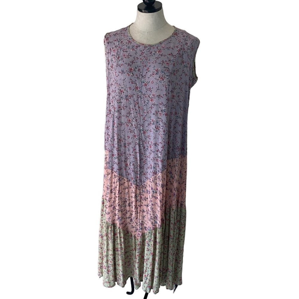 Lola P. Vintage Womens Maxi Dress Size Small Lavender Pink Green Tiered Floral